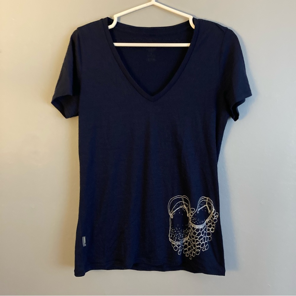Icebreaker Women’s Vneck Dark Blue Merino Wool Tshirt Graphic Flip Flops Size Sm